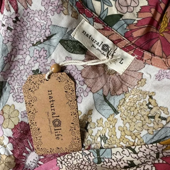 NATURAL LIFE Stella Babydoll Mini Dress Large NWT Pink Floral Boho - Picture 8 of 10